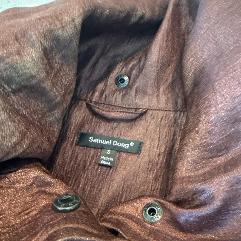 Samuel Dong Brown Shimmer Bubble Hem High Collar Small Dark Brown Outerwear Coat - Picture 4 of 17
